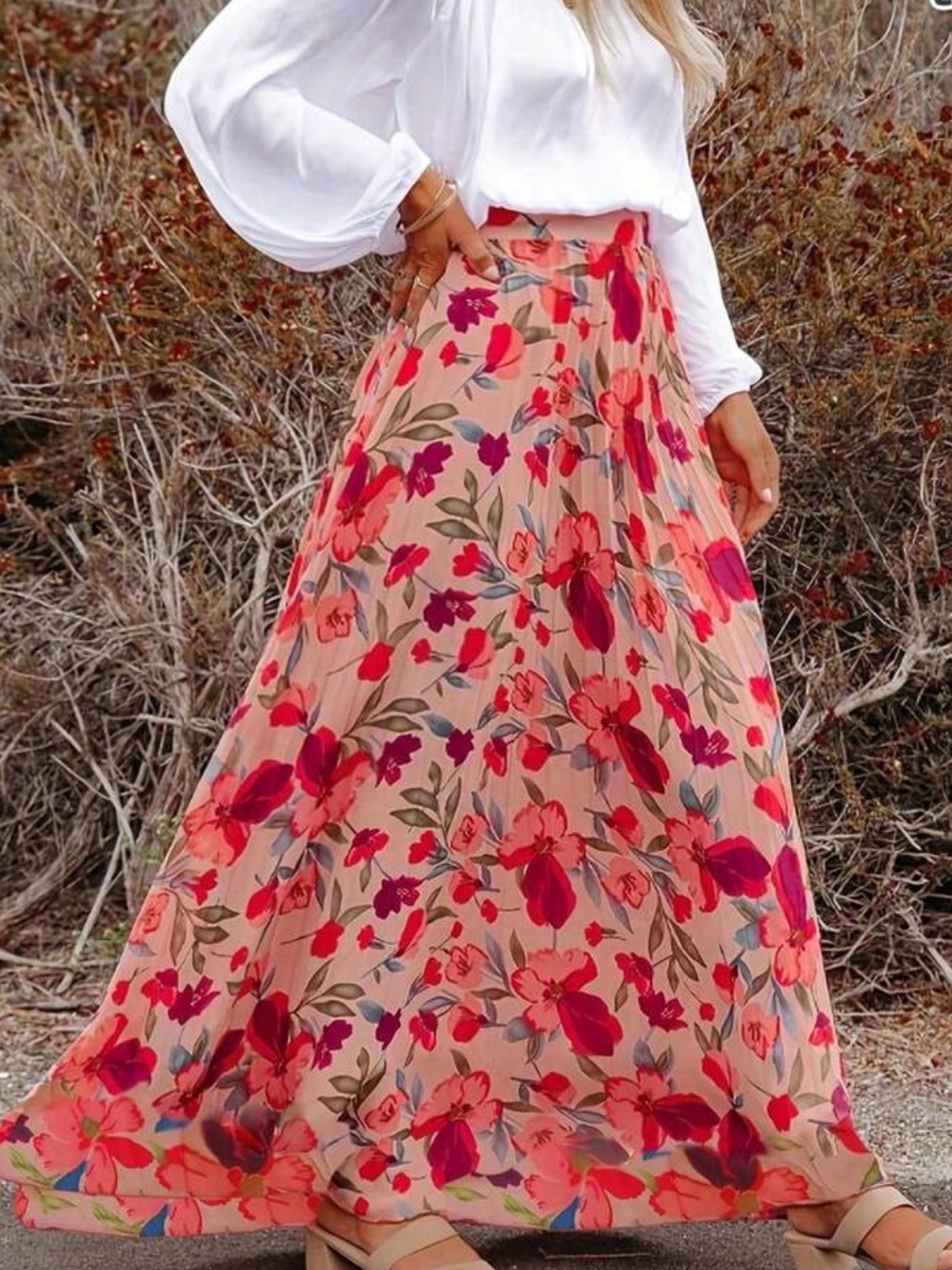 SHEIN Peach Floral Pleated Maxi Skirt with Red & Pink Blooms